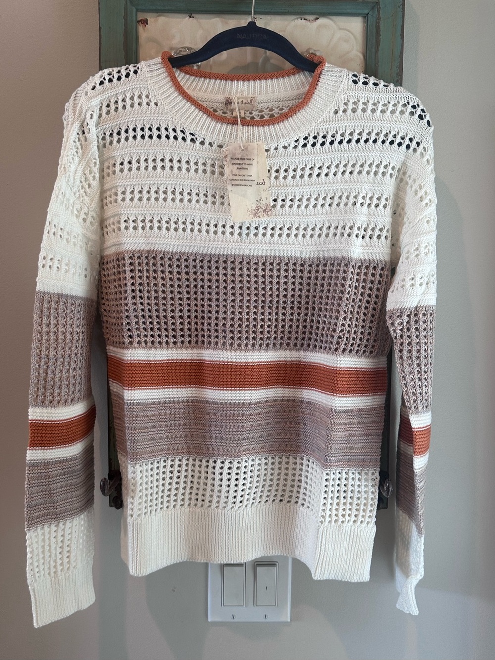 NWT Hem & Thread Open Knit Colorblock Sweater | Cream Taupe Rust | Size Small - Picture 2 of 6